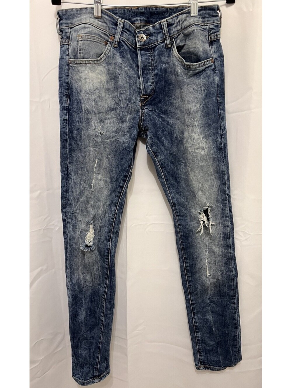 H&M Men's Jeans 32x32 Skinny Low Waist Distressed Acid Wash Stretch Denim